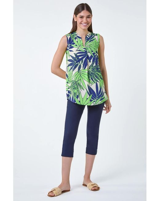 Roman Blue Palm Leaf Tropical Print Sleeveless Blouse