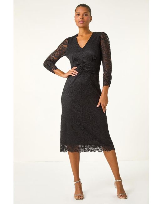 Roman Black Corded Lace Midi Dress