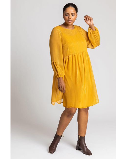 Roman Curve Yellow Chiffon Shimmer Stripe Smock Dress