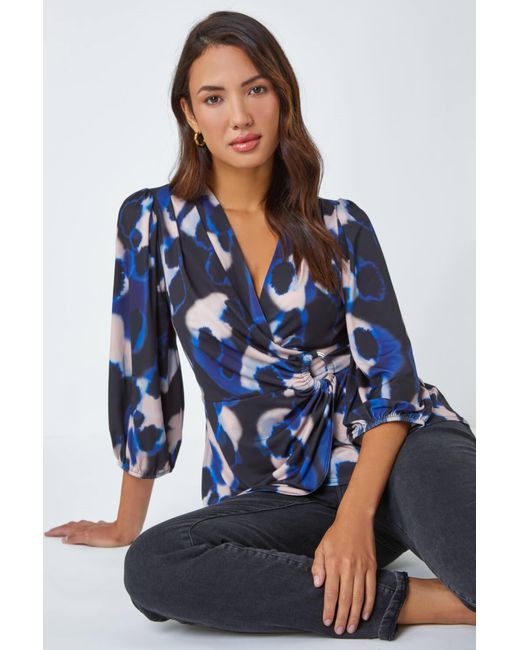 Roman Blue Abstract Print Ring Detail V-Neck Wrap Top