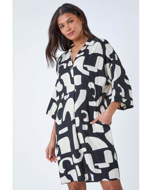Roman White Abstract Pocket Detail Cocoon Shirt Dress