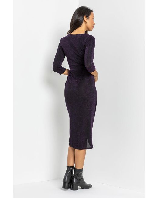 Roman Purple Fitted Sparkle Twist Front Ruched Wrap Dress