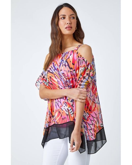 Roman Red Butterfly Contrast Cold Shoulder Chiffon Top