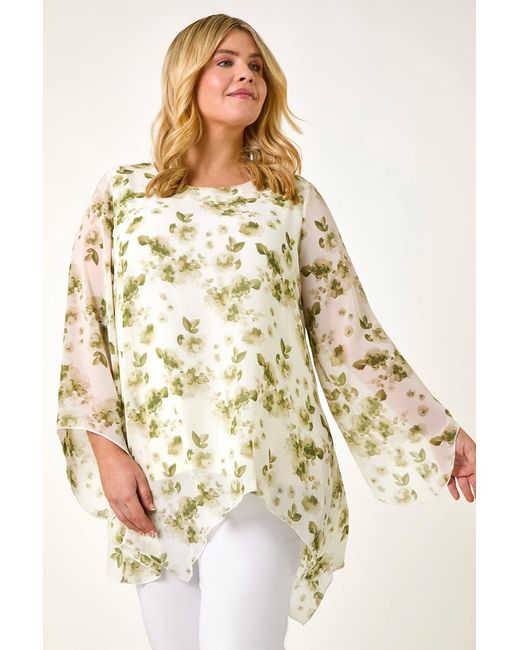 Roman Curve Metallic Floral Print Overlay Top