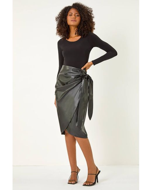 D.u.s.k Black Faux Leather Wrap Midi Skirt