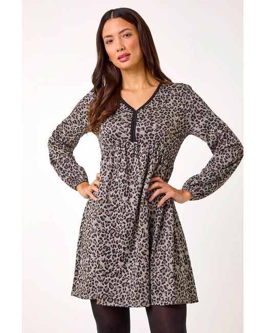 Roman Gray Animal Print V-Neck Stretch Dress