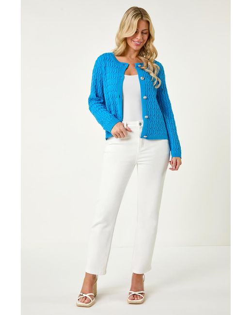 Roman Petite Blue Cable Knit Button Cardigan
