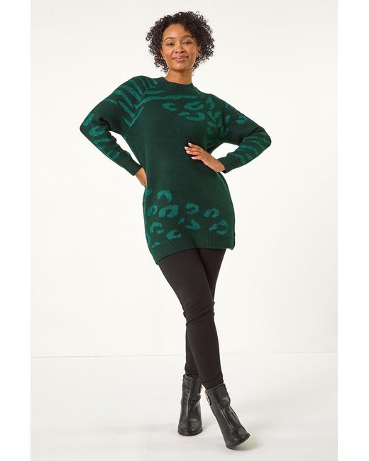 Roman Petite Green Animal Print Longline Stretch Jumper