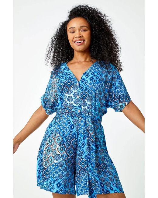 Roman Petite Blue Aztec Print Playsuit