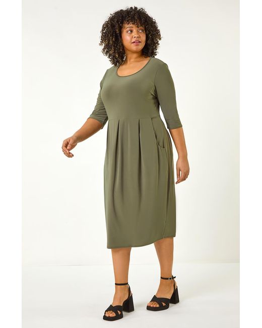 Roman Curve Green Cocoon Pocket Detail Midi Dress