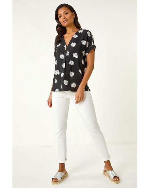 Roman Black Daisy Print Pleat Front Top