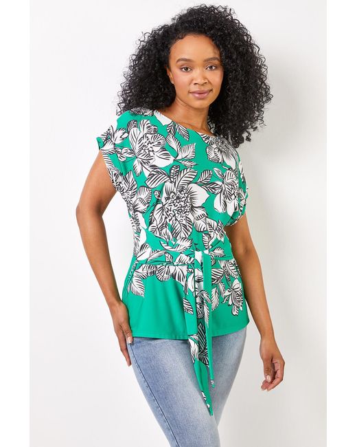Roman Petite Green Floral Print Waist Tie Top