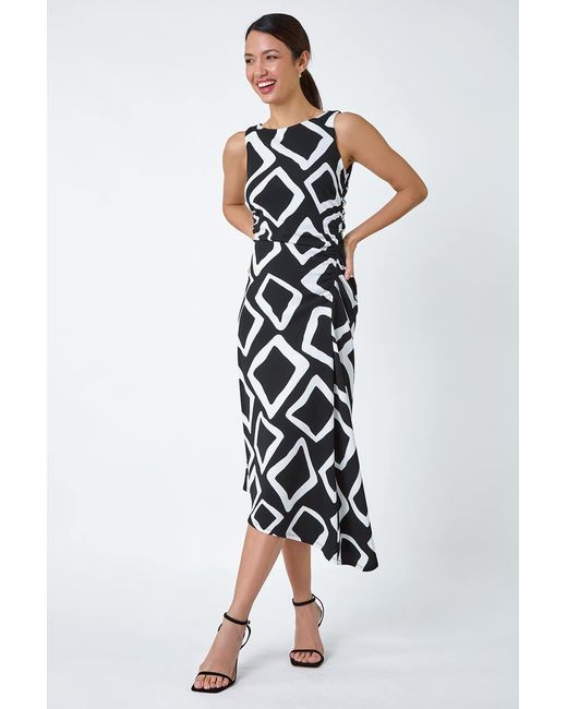 Roman White Geometric Asymmetric Midi Bodycon Dress