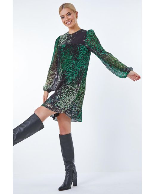 Roman Green Dusk Fashion Pebble Print Chiffon Plisse Swing Dress