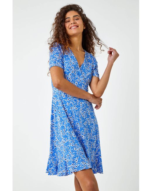 Roman Blue Floral Print Wrap Dress