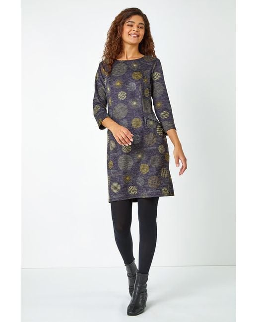 Roman Gray Spot Print Stretch Shift Dress