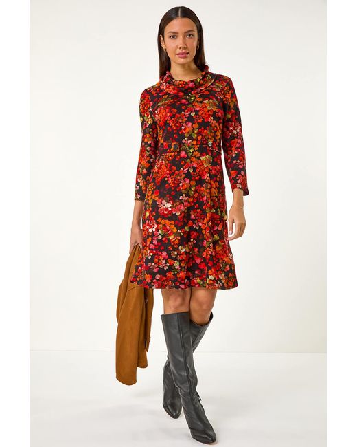 Roman Red Leaf Print Cowl Neck Tab Detail Dress