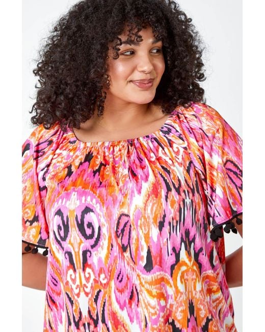 Roman Curve Red Paisley Print Bardot Top