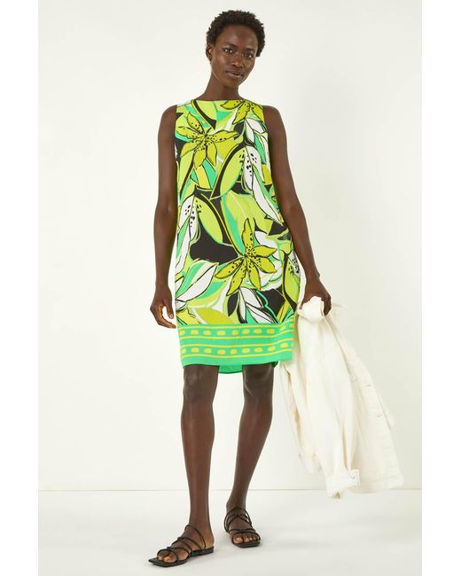 Roman Green Tropical Leaf Border Shift Dress