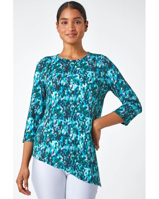 Roman Blue Abstract Print Asymmetric Stretch Top