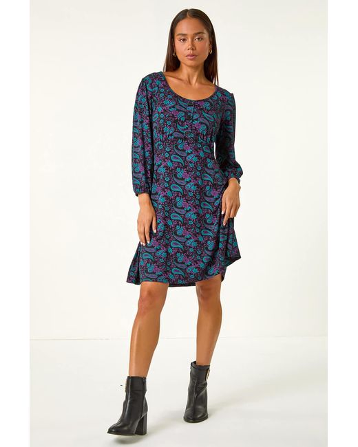 Roman Petite Blue Paisley Print Button Stretch Dress
