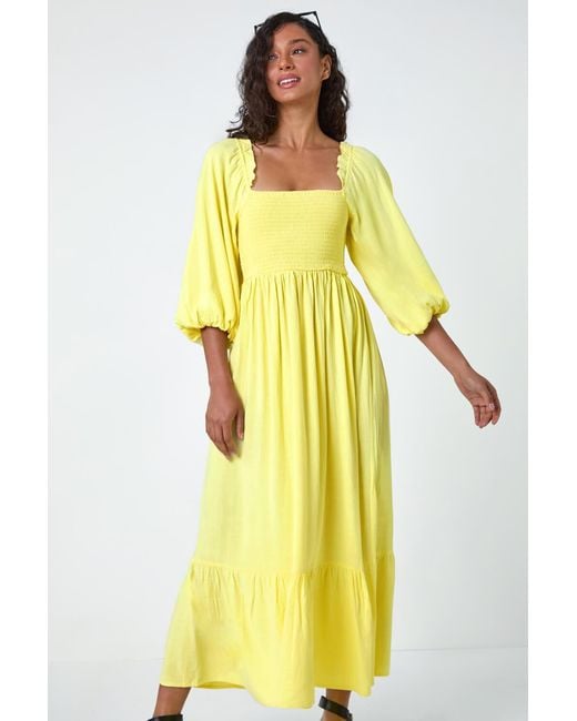 D.u.s.k Yellow Shirred Bodice Tiered Maxi Dress