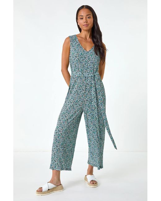 Roman Petite Blue Ditsy Crinkle Crop Jumpsuit