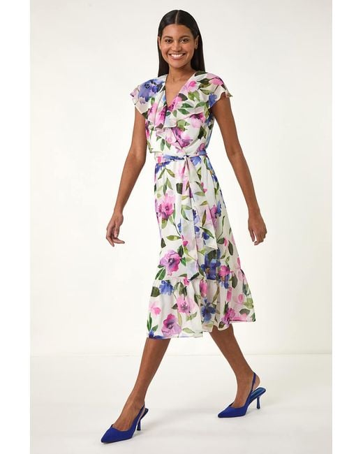Roman White Floral Frill Wrap Midi Dress
