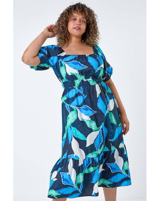 Roman Curve Blue Leaf Print Shirred Midi Dress