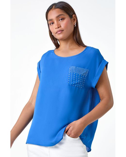 Roman Blue Sparkle Embellished Pocket T-shirt