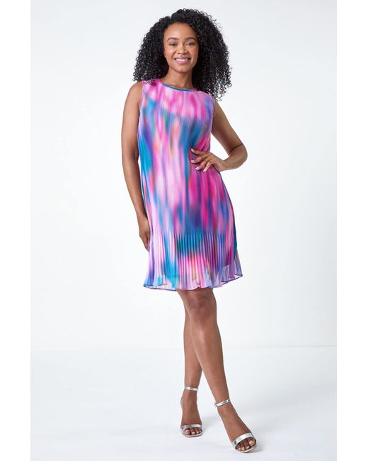 Roman Petite Multicolor Abstract Tie Detail Pleated Dress