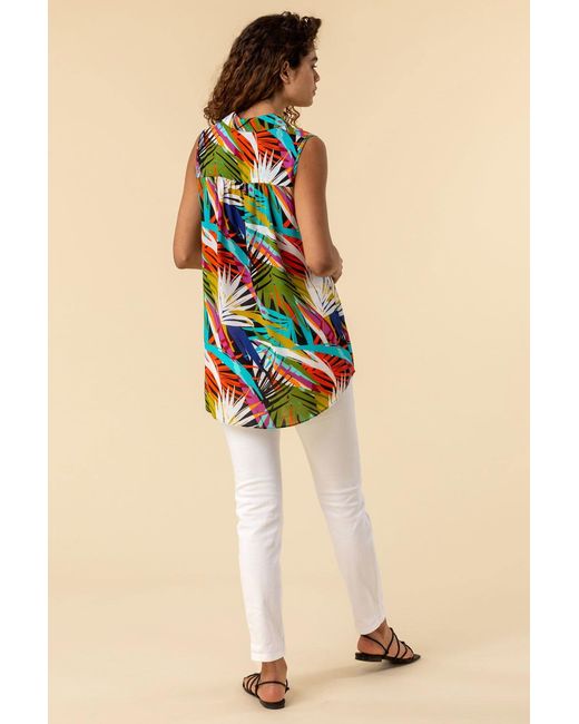 Roman Multicolor Palm Print Button Detail Tunic Top