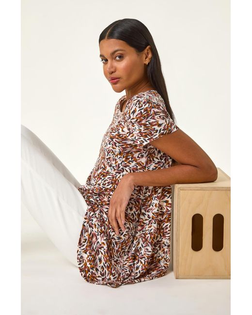 Roman Brown Animal Print Hanky Hem Stretch Top