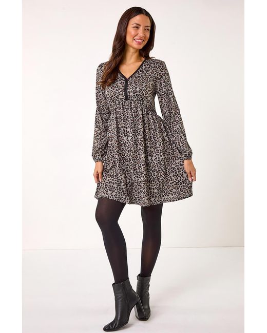 Roman Gray Animal Print V-Neck Stretch Dress