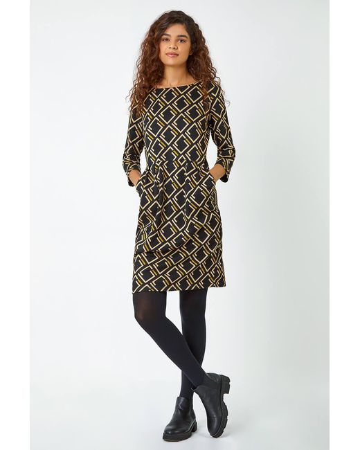 Roman Yellow Geometric Print Pocket Shift Dress