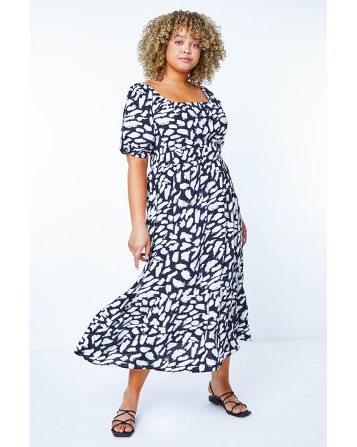 Roman Curve Blue Stretch Waist Midi Dress