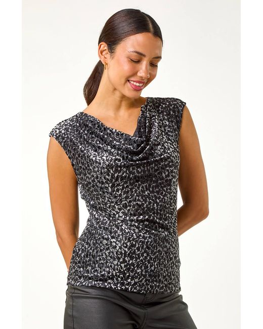 Roman Black Velvet Burnout Cowl Neck Stretch Top