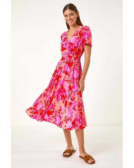 Roman Shadow Floral Print Shirred Midi Dress