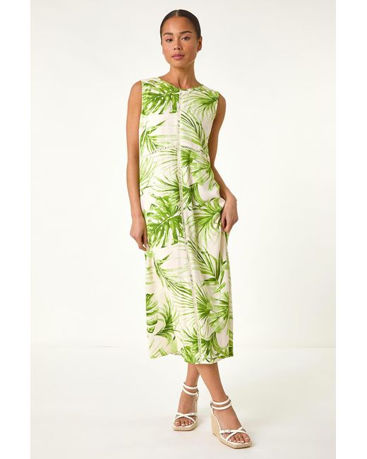 Roman Petite Green Leaf Print Trim Midi Dress
