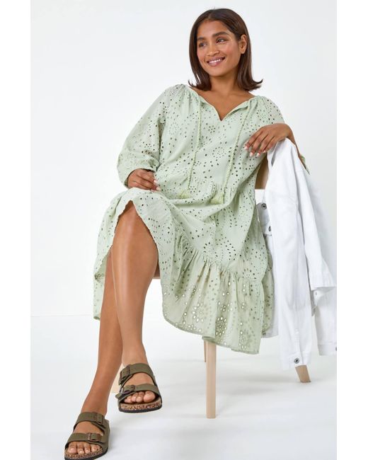 Roman Green Cotton Broderie Tiered Smock Dress