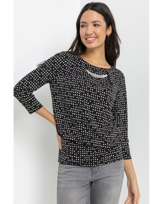 Roman Black Spot Print Necklace Trim Top