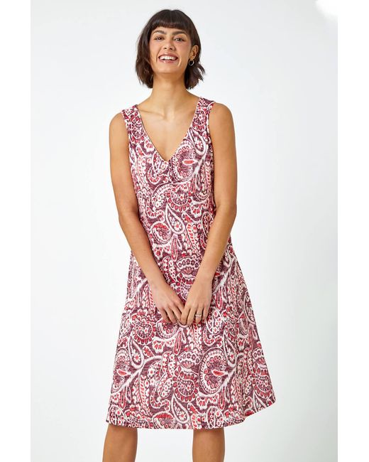 Roman Red Sleeveless Paisley Print Stretch Dress