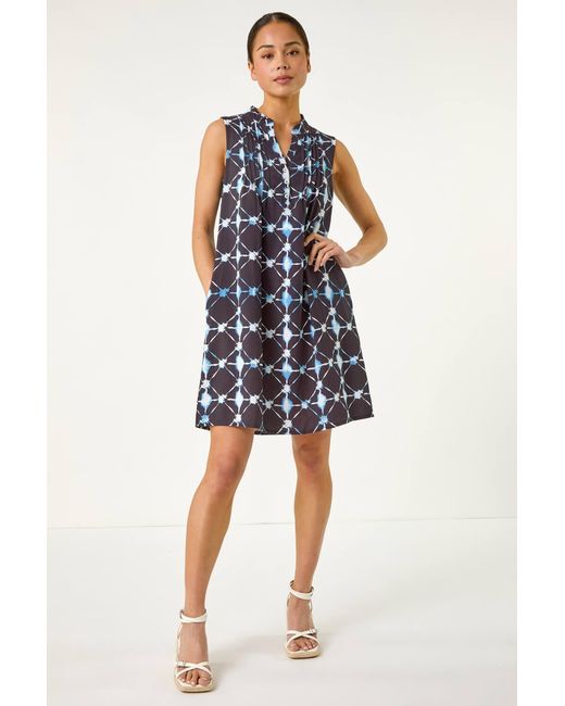 Roman Petite Blue Geometric Pintuck Pocket Dress