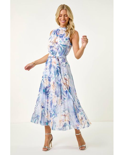 Roman Petite Blue Floral Pleated Halter Neck Midi Dress