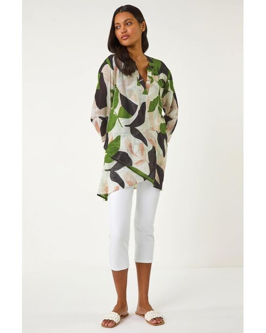 Roman Green Leaf Print Wrap Front Tunic Top