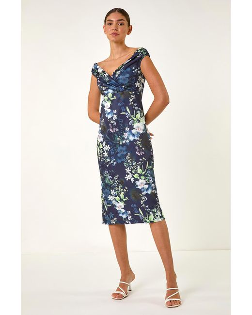 Roman Blue Floral Print Bardot Stretch Midi Dress