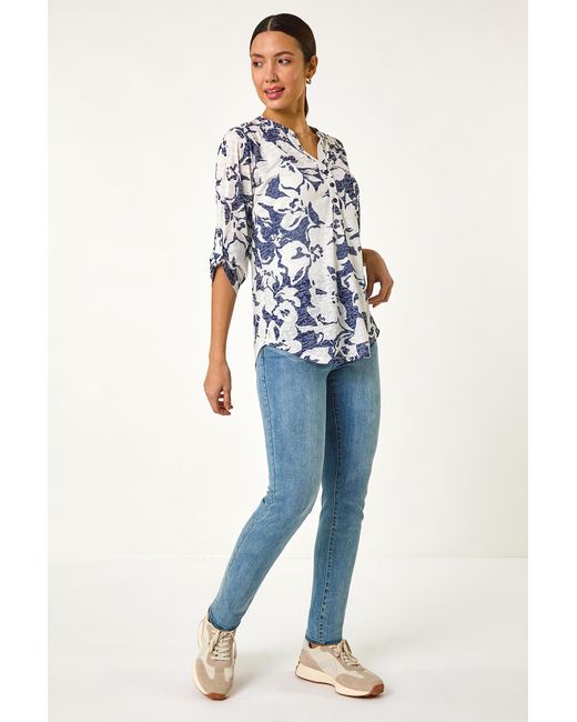Roman Blue Floral Print Burnout V-Neck Shirt