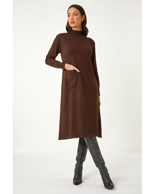 Roman Brown Pocket Detail High Neck Knit Dress