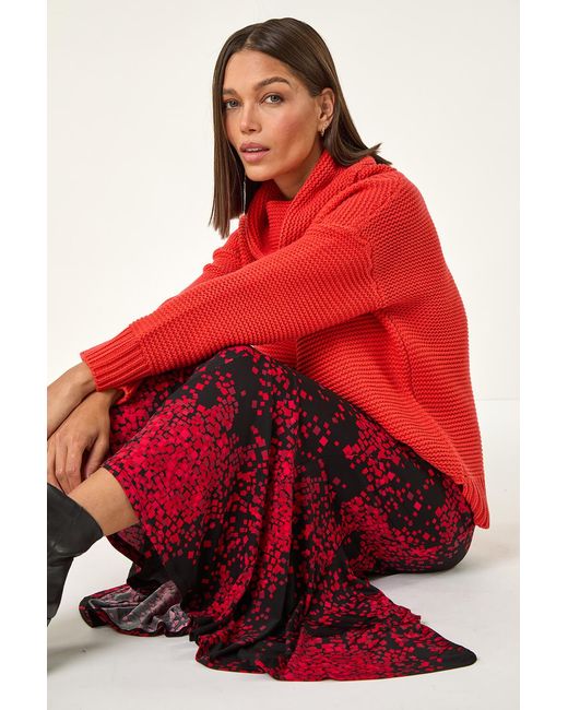Roman Red Abstract Print Asymmetric Stretch Skirt