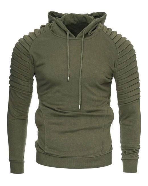 solid pleated sleeve patch detail long fleece hoodie